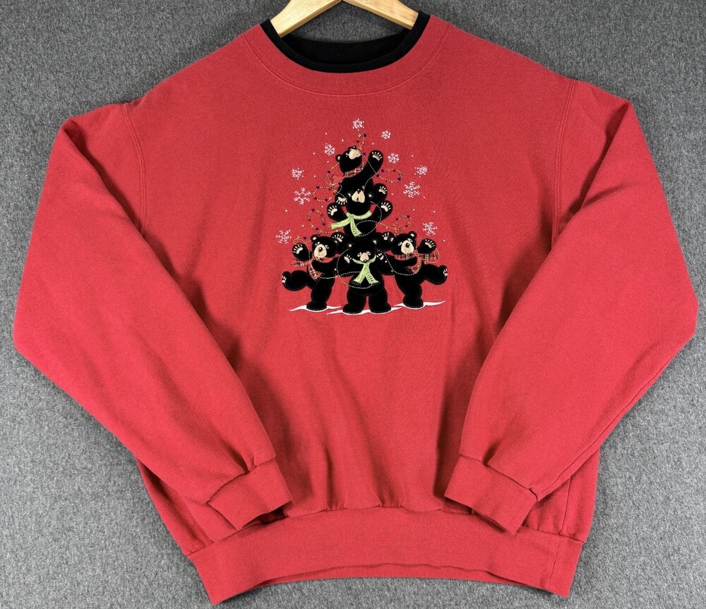 Decorated Originals Womens Medium Red Christmas Bear Tree Sweatshirt Embroidered